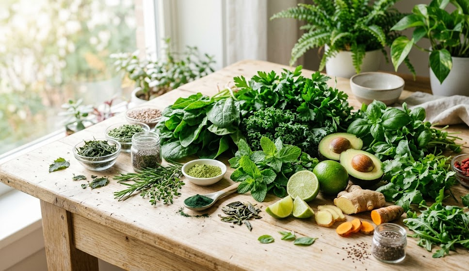 Fresh green leaves and natural botanical ingredients on a light wooden surface with soft natural lighting, representing energy and vitality