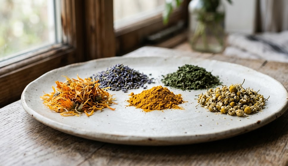 Close-up of herbal capsules and dried botanical extracts arranged on a minimal background with natural lighting